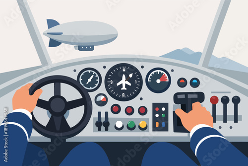 Pilot operating controls in airship cockpit, navigating vast sky for adventure