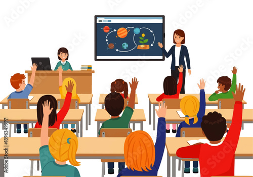 Elementary classroom science lesson with students raising hands.