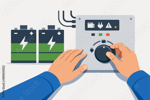 Human hands managing power settings on control panel connected to battery storage