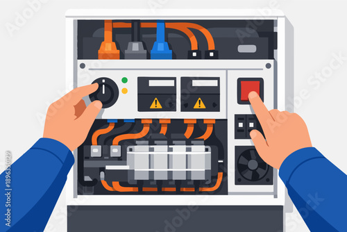 Technician working on electrical control panel checking wiring and operating switches