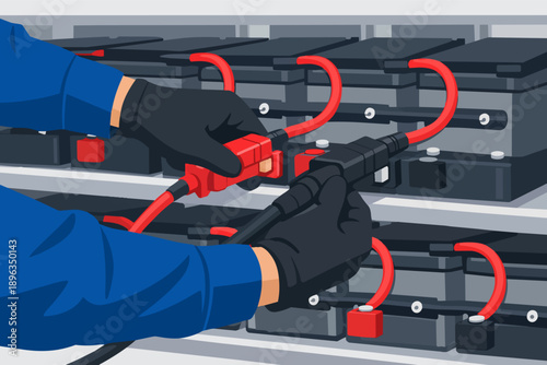 Technician connecting battery terminals, performing electrical system maintenance and repair
