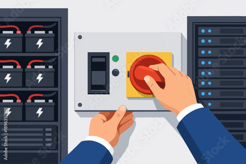 Engineer hands operating power switch in a data center with battery backup system