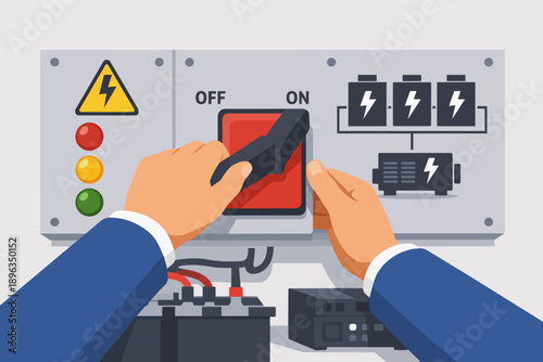 Hands operating electrical switch on control panel, turning power on or off