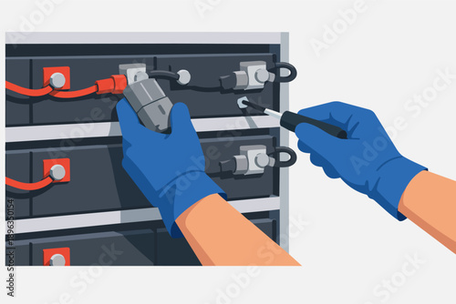 Technician working on server rack batteries, performing electrical power system maintenance