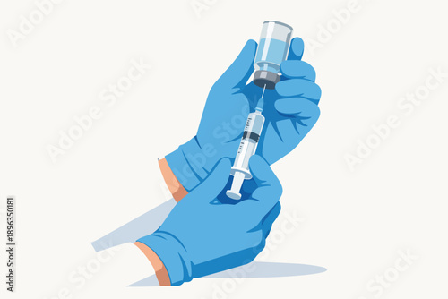 Medical professional's gloved hands drawing liquid from a vial into a syringe