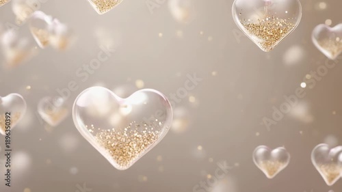Floating hearts with glitter on a light background for decoration and design