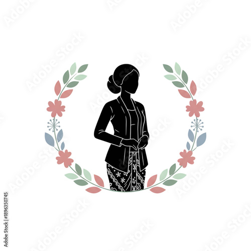 silhouette of a woman in traditional javanese kebaya and batik skirt with floral wreath frame, kartini day concept, isolated on transparent background
