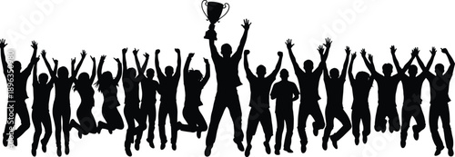 WebLarge Crowd of Cheering People Silhouettes Jumping and Celebrating Victory with a Champion Holding a Trophy Cup for Sports Success and Achievement Teamwork Concept