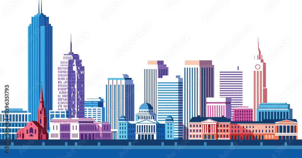 Obraz premium Modern Business City Skyline Illustration with Minimalist Skyscraper Architecture and Corporate Building Vector Art for Urban Development Real Estate and Global Finance Design Concepts