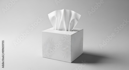 White Facial Tissue Box with Tropical Leaf Design on Gray