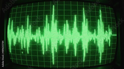 Green oscilloscope screen displaying waveform abstract digital technology