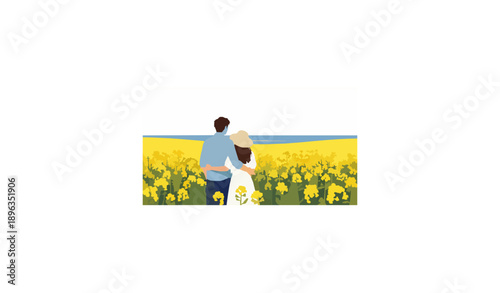Happy couple enjoying the sea view from yellow rape flower field vector illustration