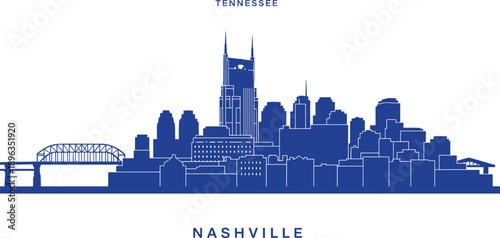 WebNashville Tennessee city skyline silhouette in deep blue color featuring downtown skyscrapers and John Seigenthaler Pedestrian Bridge, urban landscape vector illustration for travel.