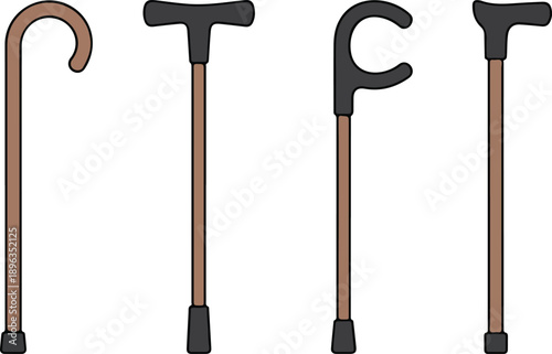 Walking Cane Icon Set Mobility Support and Elderly Assistance Symbols