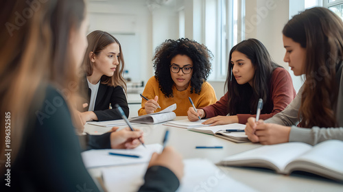 Diverse Group of Young Women Collaborating on Project, Studying Together at Table with Open Books, Taking Notes, Teamwork and Education Concept