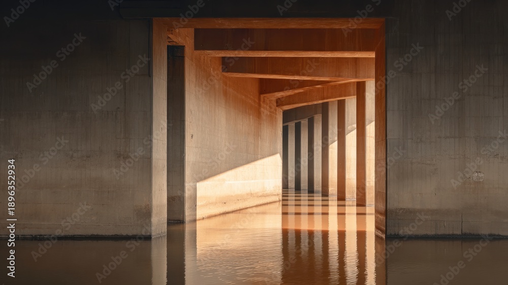 Obraz premium Stunning Architectural Photo of Concrete Structure with Natural Light Reflections Over Calm Water Surface
