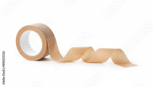 Roll of brown packing adhesive tape with curled strip isolated on plain white background x