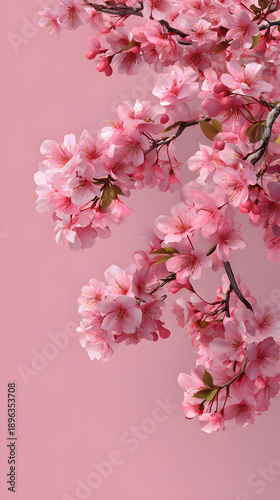 Beautiful pink cherry blossom flowers blooming on a sakura tree branch during the spring season