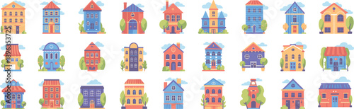Colorful cartoon houses icon set flat vector illustration for residential buildings neighborhood city architecture real estate housing collection design