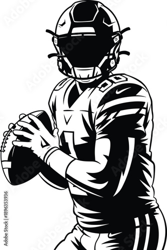 American football quarterback in uniform holding a football with helmet and facemask on white background Keywords: american football, quarterback, player, sport, game, athlete, uniform