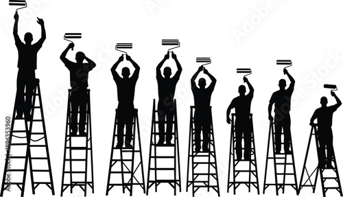 Team of painter silhouettes on ladders raising rollers, professional wall painting service, house renovation teamwork concept, black isolated vector illustration