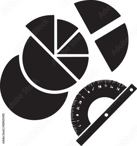 Black and white pie chart and protractor geometric