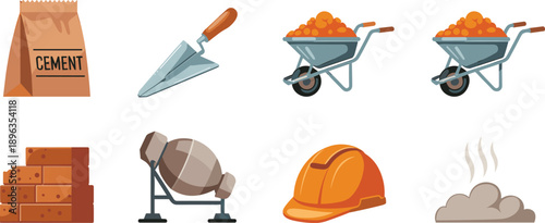 Construction tools and materials icon set including cement bag trowel wheelbarrow bricks mixer helmet dust for building industry