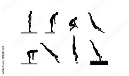 Minimal male diving board silhouette vector icons set isolated on white