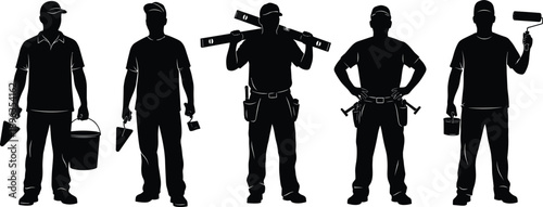 Builder and construction worker silhouettes set with professional tools, painting, masonry, renovation work, industrial labor characters, black vector illustration