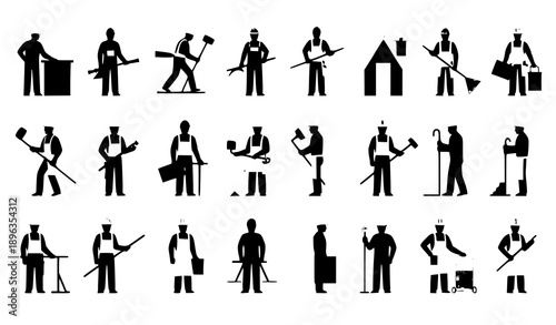Minimal contractor and builder silhouette vector icon set of 105 workers