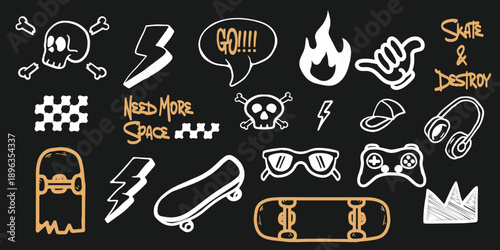 Cool skateboard and gaming doodle vector set for stickers, t-shirts, posters, and other uses.