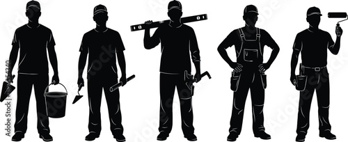 Construction worker silhouettes set showing builders with tools, painting, masonry, renovation jobs, professional labor characters, black isolated vector illustration