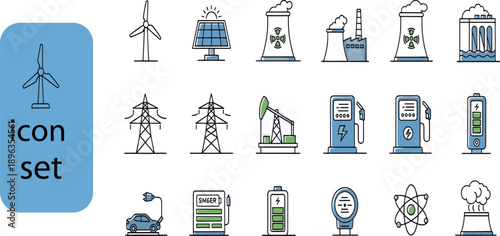 Print Industrial Energy and Power Infrastructure Color Line Icon Set Featuring Renewable Sources Nuclear Plants and Electric Vehicle Charging Stations
