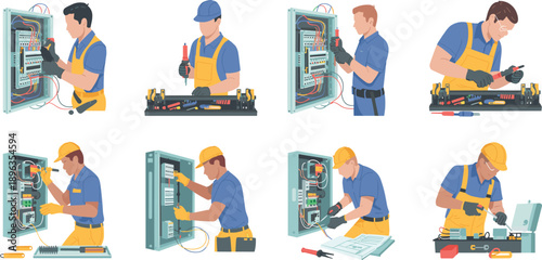 Electricians installing and repairing electrical panels, professional wiring, maintenance and industrial power service vector illustration set for engineering work