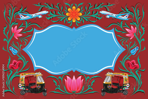 Colorful Bangladeshi rickshaw art featuring an auto rickshaw, airplane, and floral motifs with copy space. Traditional folk art frame for custom text and cultural designs. Rickshaw Art Style Baby Taxi