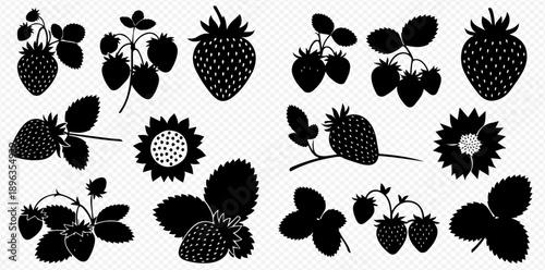 Collection of black silhouettes of strawberries, leaves, and flowers on a transparent background.