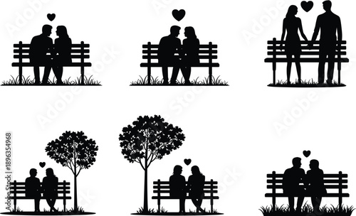 Romantic Couple Silhouette Collection Featuring Lovers Sitting on Park Bench Under Trees with Hearts for Valentines Day Wedding Anniversary and Relationship Concept Vector