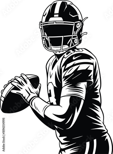 Silhouette of an American football quarterback in uniform holding a football, ready to throw Keywords: American football, quarterback, football player, athlete, sport, game, action