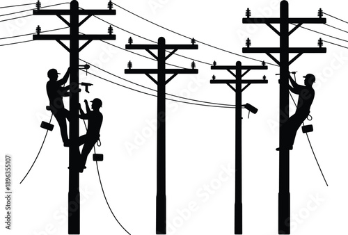 Silhouettes of linemen working on utility poles with electrical wires and insulators in a graphic illustration Keywords: lineman, utility pole, electricity, power line, worker