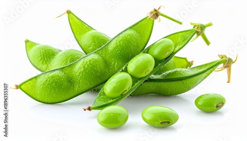 Fresh green edamame pods or soybeans isolated on white background
