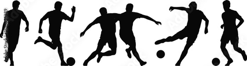 Silhouettes of six male soccer players in various poses with soccer balls on a white background football