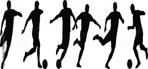 Silhouettes of six male soccer players in action with a soccer ball on a white background football