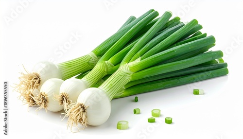 Fresh green spring onions with white bulbs isolated on white background