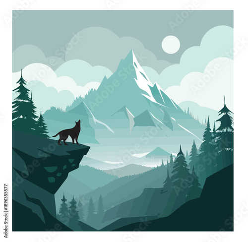 Lone wolf standing on cliff edge gazing at majestic mountains under full moon in serene forest landscape