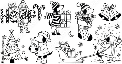 Black and white christmas dog illustrations drinking hot cocoa holding gifts with holiday tree snowflakes and festive bells artwork