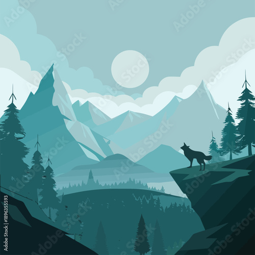 A lone wolf stands on a rocky outcrop, gazing out at a serene mountain landscape under a cloudy sky with a full moon rising over the peaks