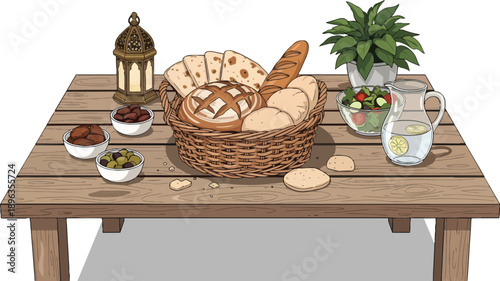 Basket of Bread on Wooden Table.