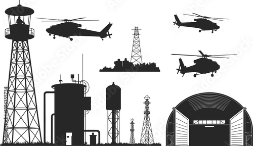 Industrial Military Base Silhouette Set Featuring Watchtower, Transport Helicopters, Fuel Storage Tanks, Hangar Building, Power Lines, and Communication Towers Vector Graphics