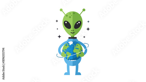Green alien holding the Earth with blue arms