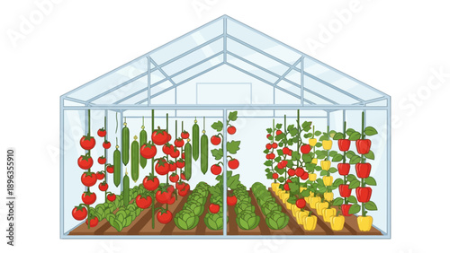 Greenhouse with rows of tomatoes cucumbers bell peppers and lettuce